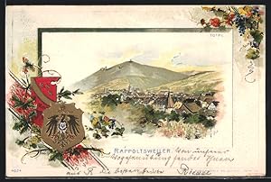 Präge-Carte postale Rappoltsweiler, vue générale, armoiries, Passepartout