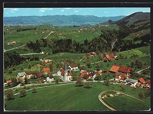 Ansichtskarte Finstersee, Ortsansicht mit Kirche und Blick auf den Zürichsee, Fliegeraufnahme