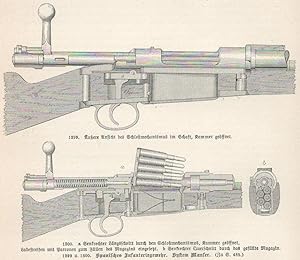 Spanisches Infanteriegewehr, System Mauser;Äußere Ansicht des Schloßmechanismus im Schaft, Kammer...