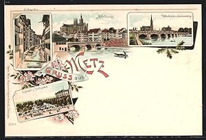 Lithographie Metz, Gerbergraben, Esplanade et Justizpalast, Mittelbrücke