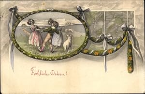 Passepartout Ansichtskarte / Postkarte Glückwunsch Ostern, Tanzende Kinder auf der Wiese, Lamm