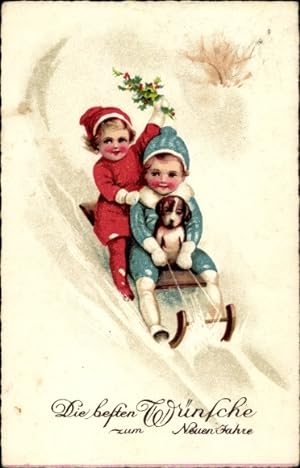 Ansichtskarte / Postkarte Glückwunsch Neujahr, Kinder, Schlittenfahrt, Hund