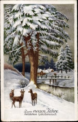 Ansichtskarte / Postkarte Glückwunsch Neujahr, Winter, Schnee, Rehe, Hirsch