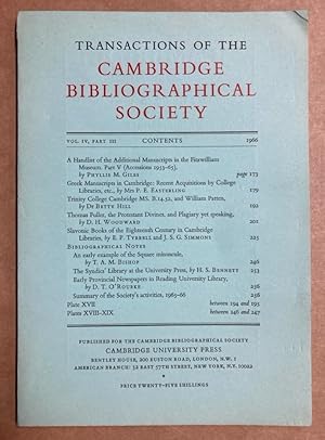 Image du vendeur pour Transactions of the Cambridge Bibliographical Society. Vol IV, Part III. mis en vente par Plurabelle Books Ltd