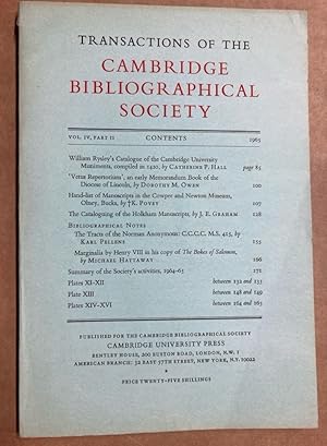 Bild des Verkufers fr Transactions of the Cambridge Bibliographical Society. Vol IV, Part II. zum Verkauf von Plurabelle Books Ltd