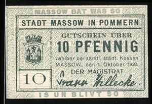 Seller image for Notgeld Massow in Pommern 1920, 10 Pfennig, Stadtwappen for sale by Bartko-Reher