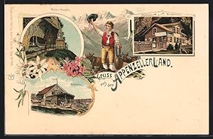 Lithographie Wildkirchli, Wirtschaft z. Wildkirchli, Ebenalp, Wild-Kirchli, Schweizer Bub mit Kuh...