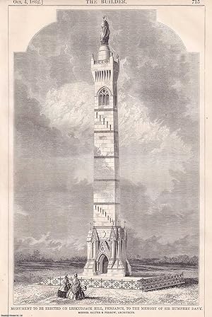 Image du vendeur pour 1862 : Leskudjack Hill, Penzance. Sir Humphrey Davy. Monument to be Erected on Leskudjack Hill, Penzance. An original page from The Builder. An Illustrated Weekly Magazine, for the Architect, Engineer, Archaeologist, Constructor, & Art-Lover. 1862. mis en vente par Cosmo Books