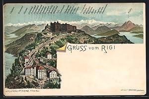 Lithographie Rigi-Kulm, Ortspanorama mit Gebirgskette