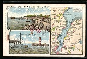 Lithographie Laboe, Ortsansicht, Panzerschiff mit Leuchtturm und Landkarte