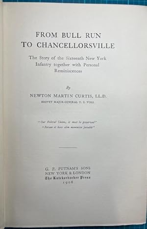 FROM BULL RUN TO CHANCELLORSVILLE (Inscribed by Author) (16th New York Infantry Regimental History)