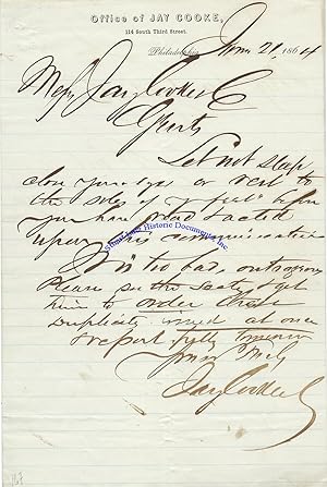 Seller image for Union Financier Jay Cooke Instructs His Agents "Not [To] Let Sleep Close Your Eyes" On The Last Day Of Selling His Five-Twenty Bonds for sale by Stuart Lutz Historic Documents, Inc.