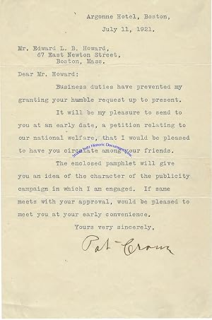 Seller image for Typed Letter Signed By "The Last Outlaw" Pat Crowe for sale by Stuart Lutz Historic Documents, Inc.