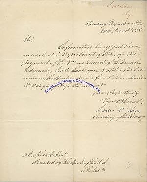 Image du vendeur pour Treasury Secretary Mclane Writes To Bank Of The United States President About "The Payment Of The 3rd Installment Of The Danish Indemnity" And Asks What "Premium The Bank Will Give For A Bill On London At 10 Days Sign For The Amount" mis en vente par Stuart Lutz Historic Documents, Inc.