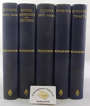 Seller image for Works of Ralph Waldo Emerson. In FIVE (5) volumes. NEW and revised edition. Riverside edition. Nature, Adresses, and Lectures ( Volume I,1883) -Essays, First an second Series,( Volume II and III of The works) ,1883. - Poems. ( Volume IX 1895) - English traits. ( Volume V, 1884) - for sale by Chiemgauer Internet Antiquariat GbR