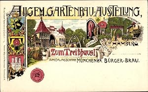 Litho Hamburg, Allg. Gartenbau-Ausstelllung 1897, Zum Treibhaus, Spezialausschank, Windenhof, Wappen