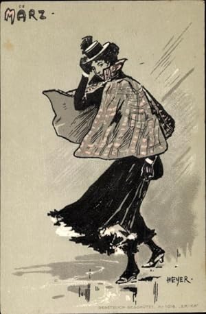 Präge Künstler Litho Heyer, Allegorie, März, Frau im Sturm