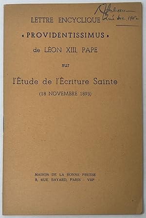 Image du vendeur pour Lettre Encyclique "Providentissimus" De Lon XIII, Pape; Sur L'Etude De L'Ecriture Sainte (18 Novembre 1893). mis en vente par Oddfellow's Fine Books and Collectables