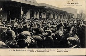 Ansichtskarte / Postkarte Nach der Schlacht bei Perthes, deutsche Kriegsgefangene am Bahnhof von ...