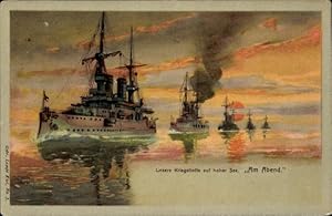 Bild des Verkufers fr Litho Deutsche Kriegsschiffe, Kriegsflotte auf hoher See, Am Abend, Kaiserliche Marine zum Verkauf von akpool GmbH