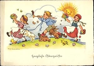 Künstler Ansichtskarte / Postkarte Glückwunsch Ostern, Kinder, Blumen, Lamm, Küken