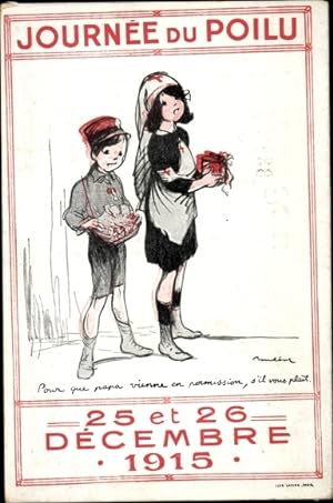 Künstler Ansichtskarte / Postkarte Poulbot, Soldatentage 25. u. 26. Dezember 1915, Kinder sammeln...