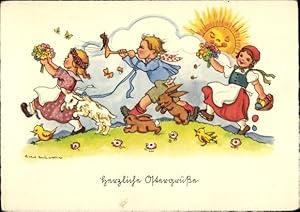 Künstler Ansichtskarte / Postkarte Glückwunsch Ostern, Kinder, Blumen, Lamm, Küken