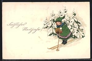 Ansichtskarte Frau auf Skiern im Schnee, Neujahrsgruss