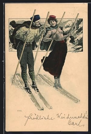 Ansichtskarte Mann und Frau auf Skiern bei der Abfahrt