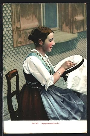 Ansichtskarte Appenzellerin in Tracht mit einem Stickrahmen