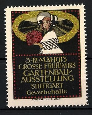 Imagen del vendedor de Reklamemarke Stuttgart, Grosse Frhjahrs-Gartenbau-Ausstellung 1913, Frulein mit Blumenstrauss a la venta por Bartko-Reher
