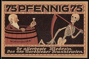 Bild des Verkufers fr Notgeld Nordhausen 1921, 75 Pfennig, Tod luft vor Mann im Fass weg, Wappen zum Verkauf von Bartko-Reher