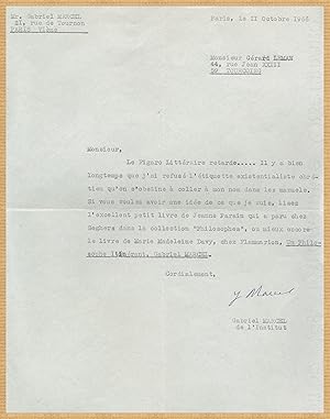 Imagen del vendedor de Gabriel Marcel (1889-1973) - Interesting signed letter - 1966 a la venta por PhP Autographs