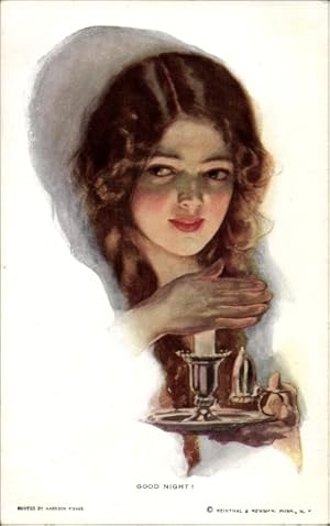 Künstler Ansichtskarte / Postkarte Fisher, Harrison, Gute Nacht, junge Frau mit Nachtkerze