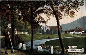 Ansichtskarte / Postkarte Gruß aus Westfalen, Wanderer an einem Flussufer, Ortschaft