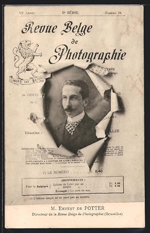 Ansichtskarte Revue Belge de Photographie, M. Ernest de Potter, Fotograf hinter zerrissener Zeitung