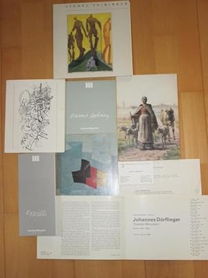 Seller image for Konvolut, bestehend aus 8 Teilen. 1) Lyonel Feininger: Visions of City and Sea II - (a small retrospective exhibition of drawings and watercolors , Winter 1985 / 1986) 2) -7): Verschiedenformatige Klappkarten zu Ausstellungen und Werken von George Grosz, Pablo Picasso, David Hockney, Serge Poliakoff, Marino Marini, Auguste Rodin, Johannes Drflinger u.a. / 8): Visitenkarte Achim Moeller mit beiliegender Kurznachricht (maschineschriftlich). for sale by Antiquariat Carl Wegner