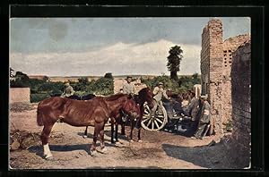 Carte postale Somme-Py, des soldats avec chevauxn beim Wasserfassen