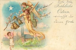 Glitzer Litho Glückwunsch Ostern, Musizierende Engel, Glocken, Kirche