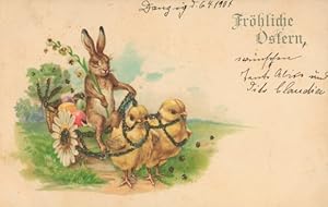 Glitzer Litho Glückwunsch Ostern, Küken ziehen eine Kutsche, Hase, Eier