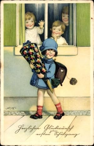 Künstler Ansichtskarte / Postkarte Baumgarten, Fritz, Glückwunsch Einschulung, Zuckertüte, Schulr...