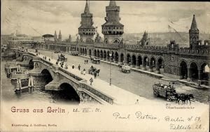 Ansichtskarte / Postkarte Berlin Friedrichshain, Oberbaumbrücke, Hochbahn, Spree, Kutschen