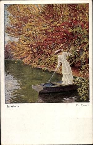 Künstler Ansichtskarte / Postkarte Cucuel, Ed., Herbstufer, Frau im Ruderboot - Amag 62