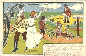 Jugendstil Ansichtskarte / Postkarte Geschichte Südafrika, Allegorien, Lady Smith, John Bull, Pre...