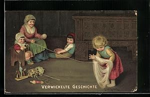Bild des Verkufers fr Knstler-Ansichtskarte Hermann Kaulbach: Verwickelte Geschichte, Mutter und Kinder mit Wolle zum Verkauf von Bartko-Reher