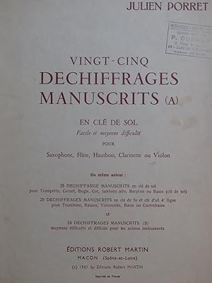 Imagen del vendedor de PORRET Julien 25 Dechiffrages Manuscrits Saxophone Flte Hautbois 1961 a la venta por partitions-anciennes