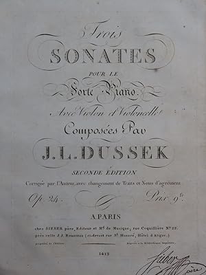 DUSSEK J. L. Trois Sonates op 24 Piano ca1795