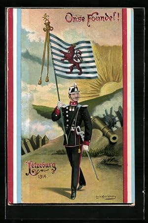 Künstler-Ansichtskarte Luxemburg, Fahnenträger in Uniform mit Truppenfahne 1914