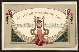 Künstler-Ansichtskarte Karlsruhe, 8. Bad. Bundes-Sängerfest 1908, Tänzerin mit Harfe und Liedtext