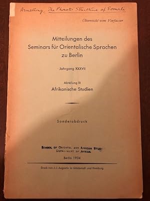 Seller image for Mitteilungen des Seminars fr Orientalische Sprachen zu Berlin - Jahrgang XXXVII, Abteilung III - Afrikanische Studien ( Sonderabdruck ) for sale by Optimon Books